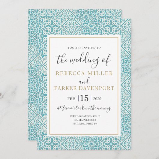 Turquoise Tegels en gouden bruiloft Kaart (Voorkant / Achterkant)
