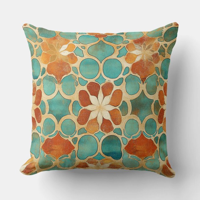 Turquoise Terracotta Marokkaanse Tegel Boho Aardet Kussen (Voorkant)
