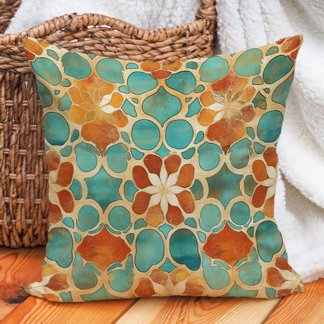 Turquoise Terracotta Marokkaanse Tegel Boho Aardet Kussen (Turquoise Terracotta Moroccan Tile Boho Earth Tone Throw Pillow)