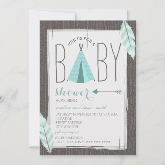 Turquoise Tipi + Feathers Baby shower Kaart (Voorkant)
