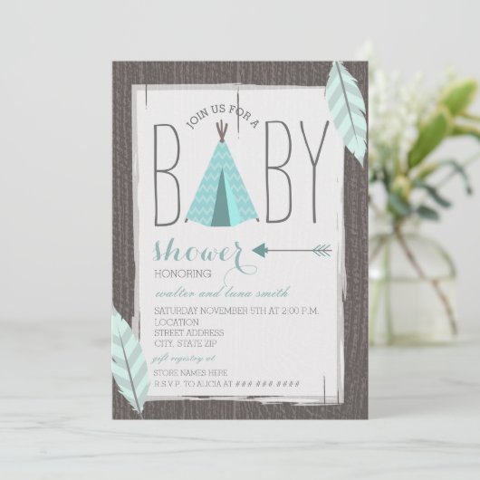 Turquoise Tipi + Feathers Baby shower Kaart (Staand voorkant)