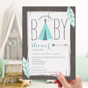 Turquoise Tipi + Feathers Baby shower Kaart