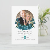 Turquoise - Titaanblauw en Gouden Bloemachtige Tro Save The Date (Staand voorkant)