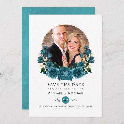 Turquoise - Titaanblauw en Gouden Bloemachtige Tro Save The Date (Voorkant / Achterkant)