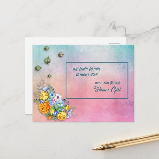 Turquoise to Pink Gradient Floral Bouquet Flower Aankondigingskaart (Voorkant / Achterkant in situ)