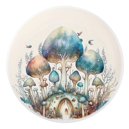 Turquoise Toadstool Fairy Village Keramische Knop (Voorkant)