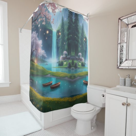 Turquoise Tranquility – Roeiboten op Crystal Water Douchegordijn (In situ)