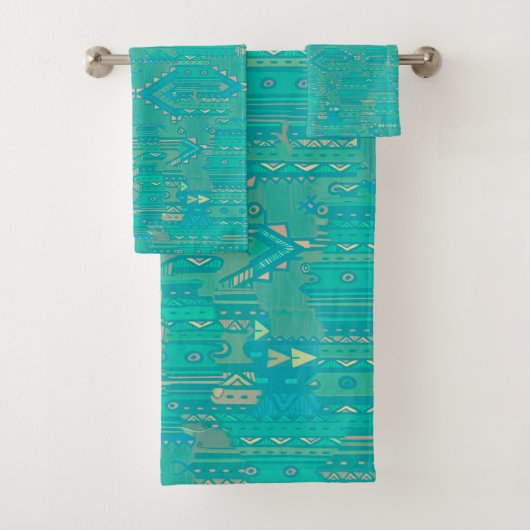 Turquoise Tribal Bathroom Towel set Bad Handdoek (Insitu)
