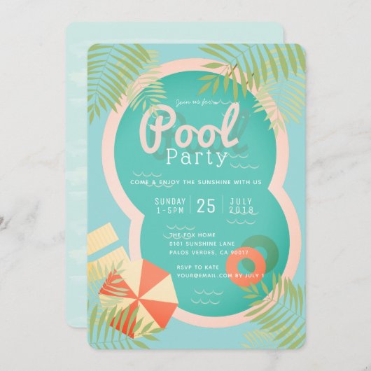 Turquoise Tropical Adult Pool Party Uitnodiging (Voorkant / Achterkant)