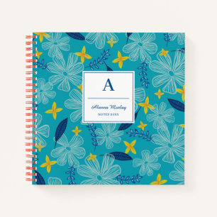 Turquoise Tropical Floral Pattern - Monogram Notitieboek