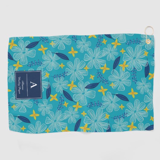 Turquoise Tropical Floral Pattern - Voeg Jouw naam Golfhanddoek (Horizontaal)