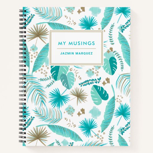 Turquoise Tropical Leaves Pattern Gepersonaliseerd Notitieboek (Voorkant)