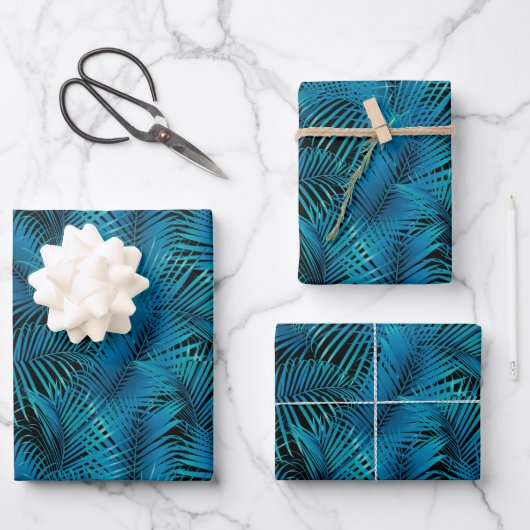 Turquoise Tropical Palm Leaves op Black Inpakpapier Vel (Voorkant)
