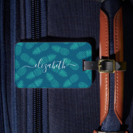 Turquoise tropisch ananas patroon aangepaste naam  bagagelabel
