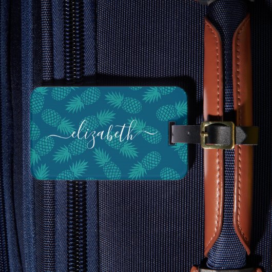Turquoise tropisch ananas patroon aangepaste naam bagagelabel (Voorkant Insitu 4)
