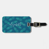 Turquoise tropisch ananas patroon aangepaste naam bagagelabel (Voorkant horizontaal)