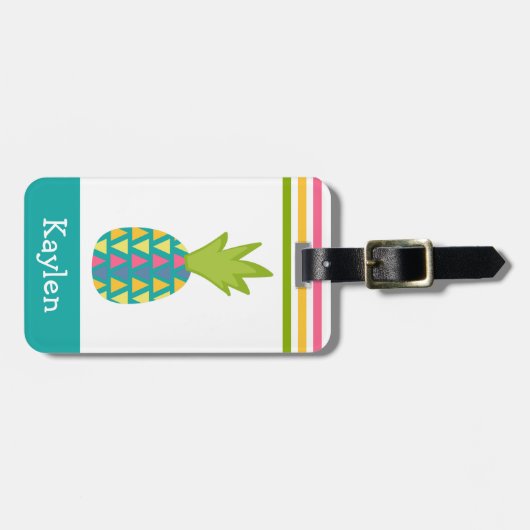 Turquoise tropische ananas Moderne aangepaste naam Bagagelabel (Voorkant horizontaal)