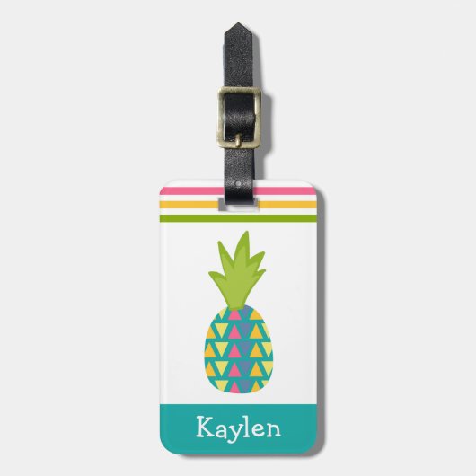Turquoise tropische ananas Moderne aangepaste naam Bagagelabel (Voorkant verticaal)
