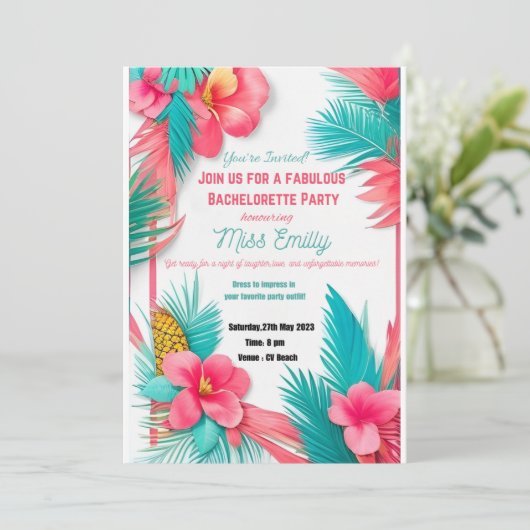 Turquoise Tropische Bachelorette Feest Uitnodiging (Staand voorkant)