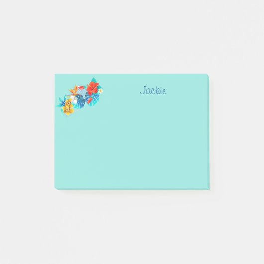 Turquoise tropische bloemen gepersonaliseerd 4x3 post-it® notes (Voorkant)