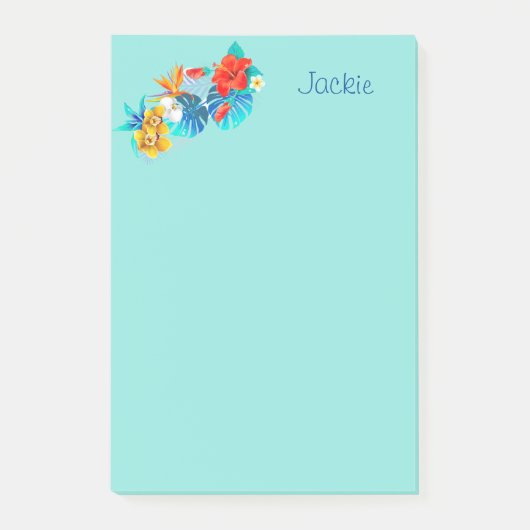 Turquoise Tropische Bloemen Gepersonaliseerd 4x6 Post-it® Notes (Voorkant)