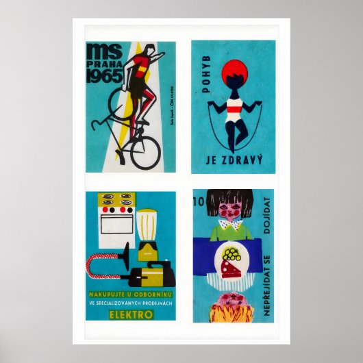 Turquoise Tsjechische Luciferdoosjes Labels Raster Poster (Voorkant)