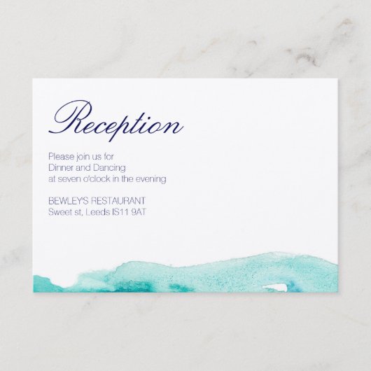 Turquoise Turkoois Waterverf Trouwontvangstkaart Informatiekaartje (Voorkant)