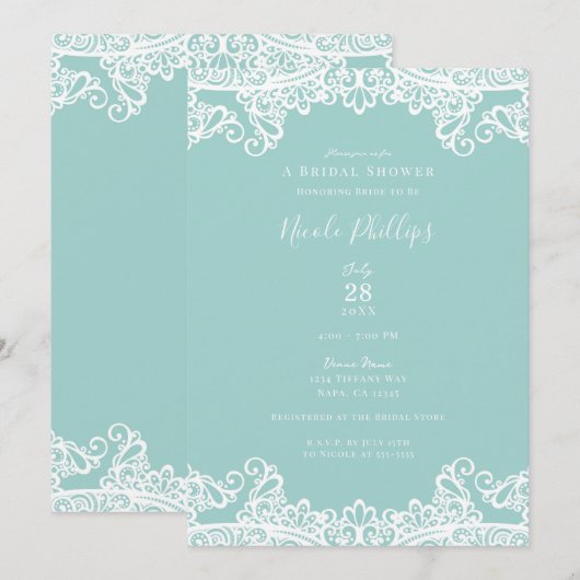 Turquoise Turkoois Wit Kant Elegant Bruidsmeisjesh Kaart (Voorkant / Achterkant)