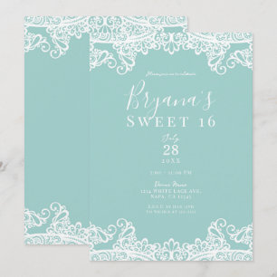 Turquoise Turkoois Witte Kant Elegant Sweet 16 Fee Kaart