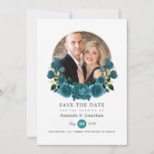 Turquoise - Turquoise en gouden bloem bruiloftsfot Save The Date (Voorkant)