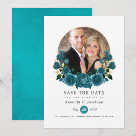 Turquoise - Turquoise en Gouden Bloem Huwelijksfot Save The Date