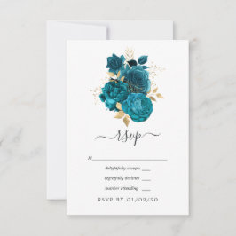 Turquoise - Turquoise en Gouden Bloemen Bruiloft RSVP Kaartje