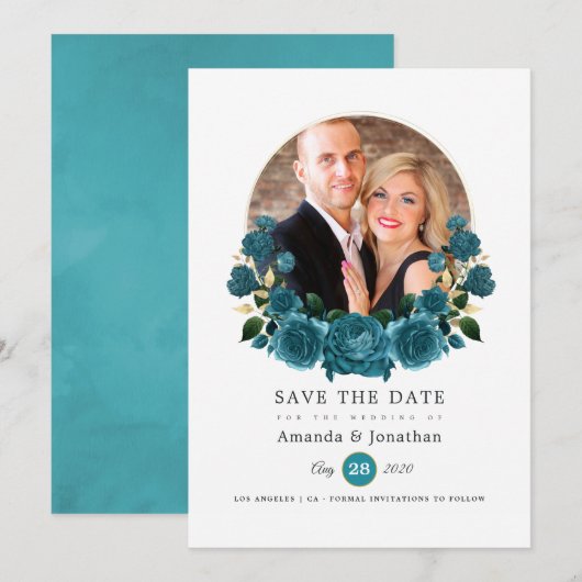 Turquoise - Turquoise en gouden bloemfotografen va Save The Date (Voorkant / Achterkant)