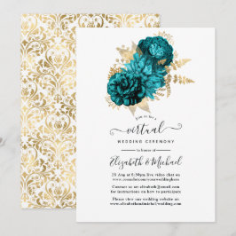 Turquoise - Turquoise en Gouden Bloemige Bruiloft Kaart