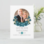 Turquoise - Turquoise en gouden bloemige trouwfoto Save The Date (Staand voorkant)