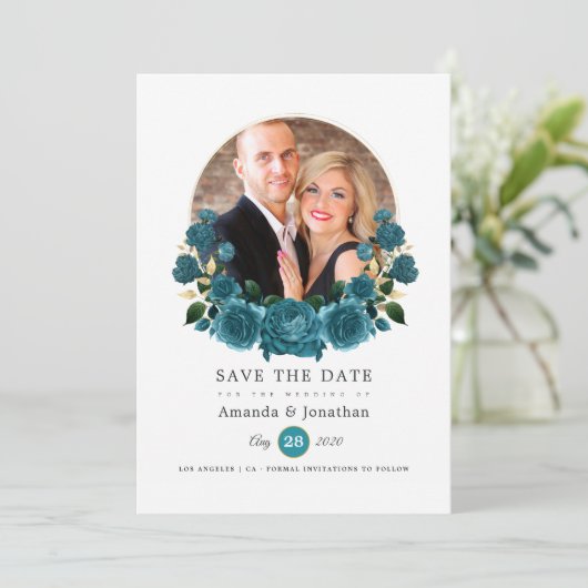 Turquoise - Turquoise en gouden bloemige trouwfoto Save The Date (Staand voorkant)