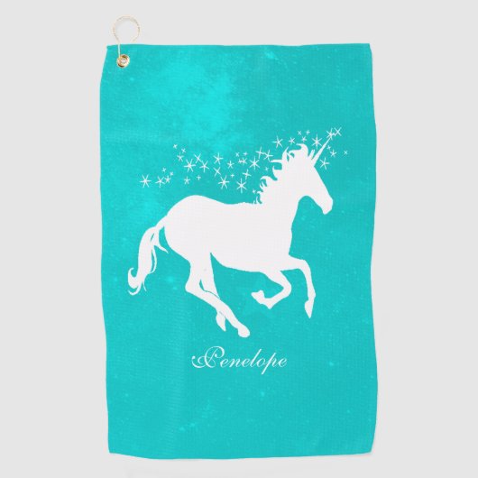 Turquoise Unicorn Personalized Golf Towel Golfhanddoek (Voorkant)
