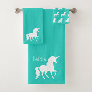Turquoise Unicorn Silhouette Gepersonaliseerde Kin Bad Handdoek
