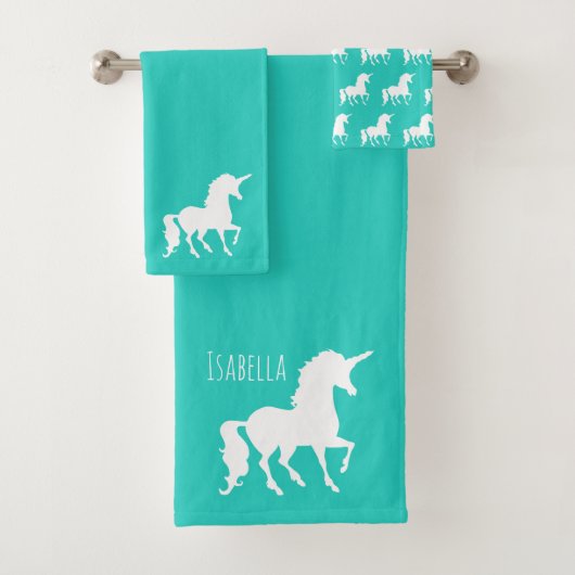 Turquoise Unicorn Silhouette Gepersonaliseerde Kin Bad Handdoek (Insitu)