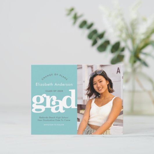 Turquoise veranderingsplannen afstuderen gewaagde uitnodiging briefkaart (Staand voorkant)