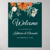 Turquoise Verbrand Oranje Elegante Bloemrijke Welk Poster (Voorkant)