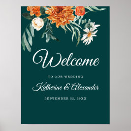 Turquoise Verbrand Oranje Elegante Bloemrijke Welk Poster
