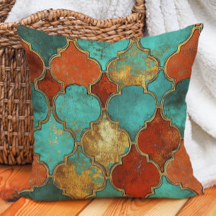 Turquoise Verbrand Oranje Marokkaanse Quatrefoil Kussen