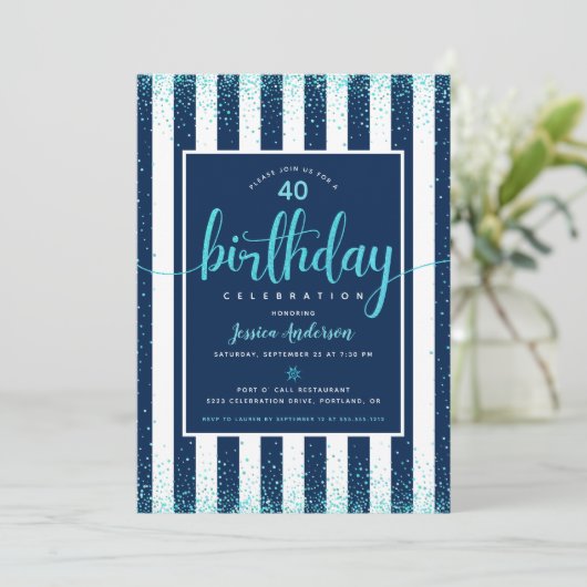 Turquoise verjaardag glitter script marine aangepa kaart (Staand voorkant)