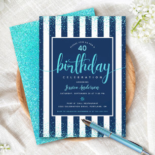 Turquoise verjaardag glitter script marine aangepa kaart