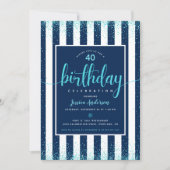 Turquoise verjaardag glitterscript navy aangepast kaart (Voorkant)