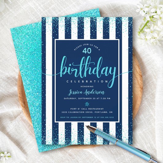 Turquoise verjaardag glitterscript navy aangepast kaart