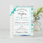 Turquoise verweerd hout rustieke kant uitnodiginge kaart (Staand voorkant)