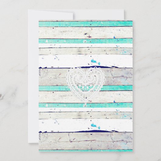 Turquoise verweerd hout rustieke kant uitnodiginge kaart (Achterkant)