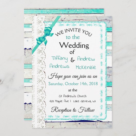 Turquoise verweerd hout rustieke kant uitnodiginge kaart (Voorkant / Achterkant)